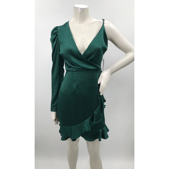 Lulus Green Satin One Shoulder Puff Sleeve Ruffle Trim Mini Dress L Party - Picture 1 of 10